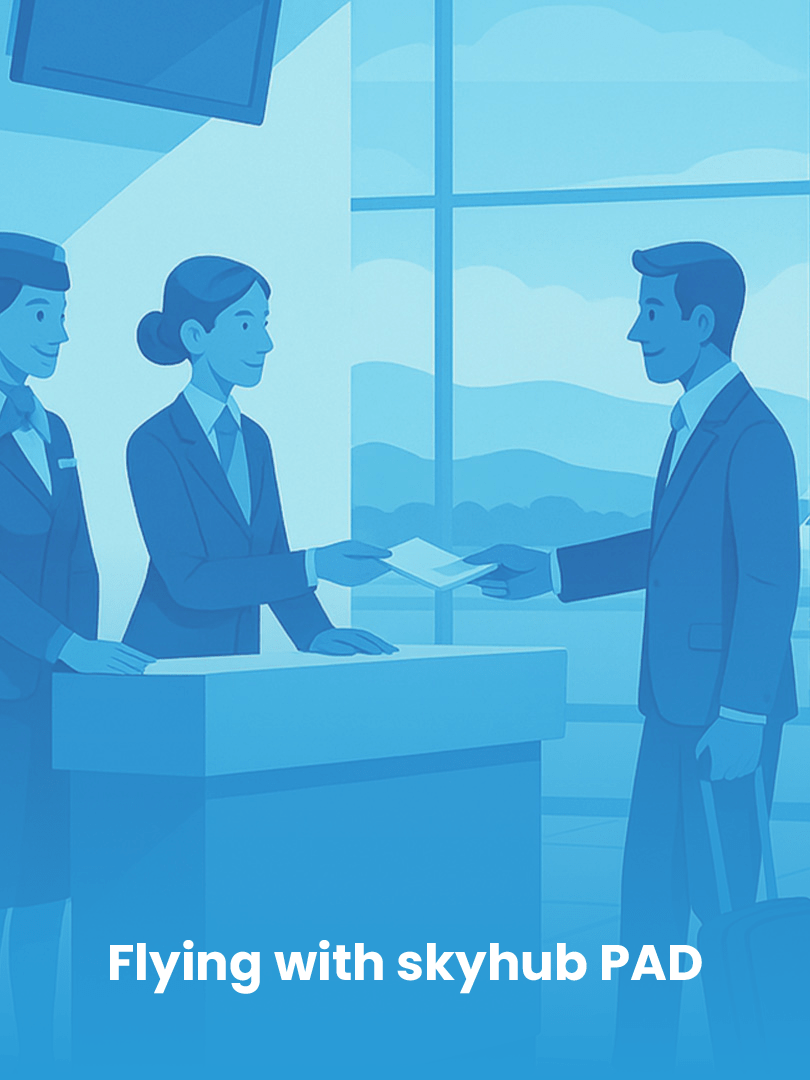 Mann mit Koffer wird beim Check-In von 2 Personen bedient