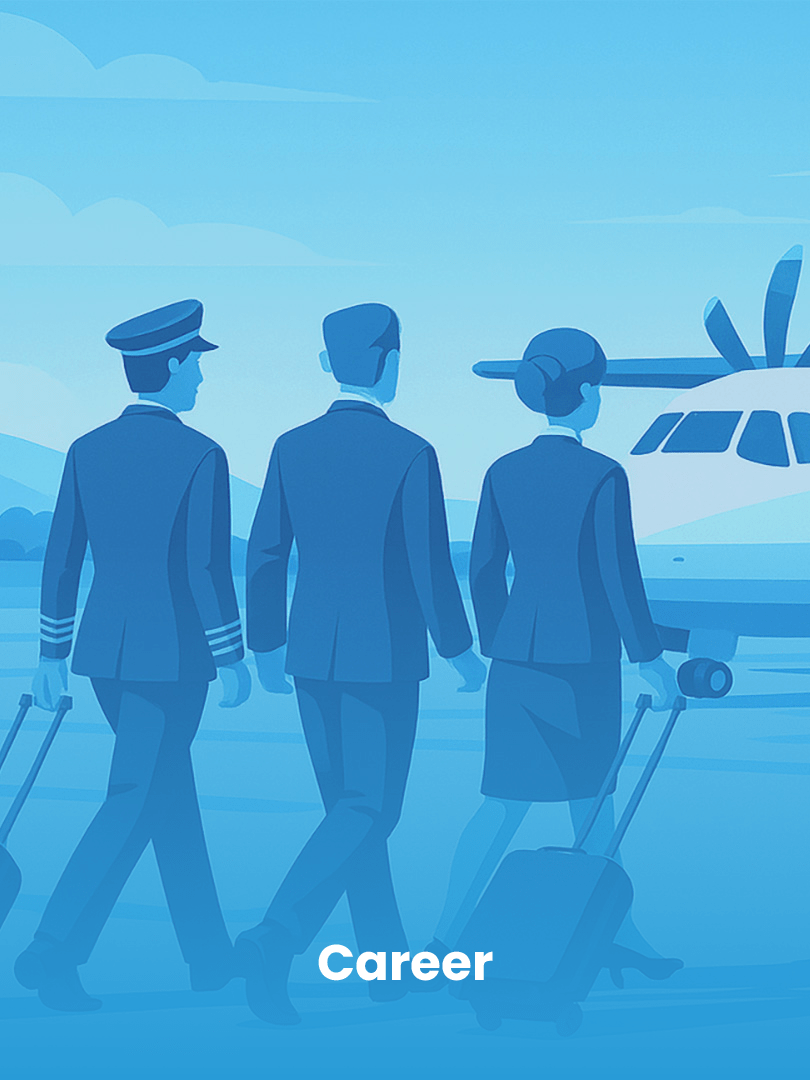 3 Personen mit Koffern auf dem Weg zum Flugzeug