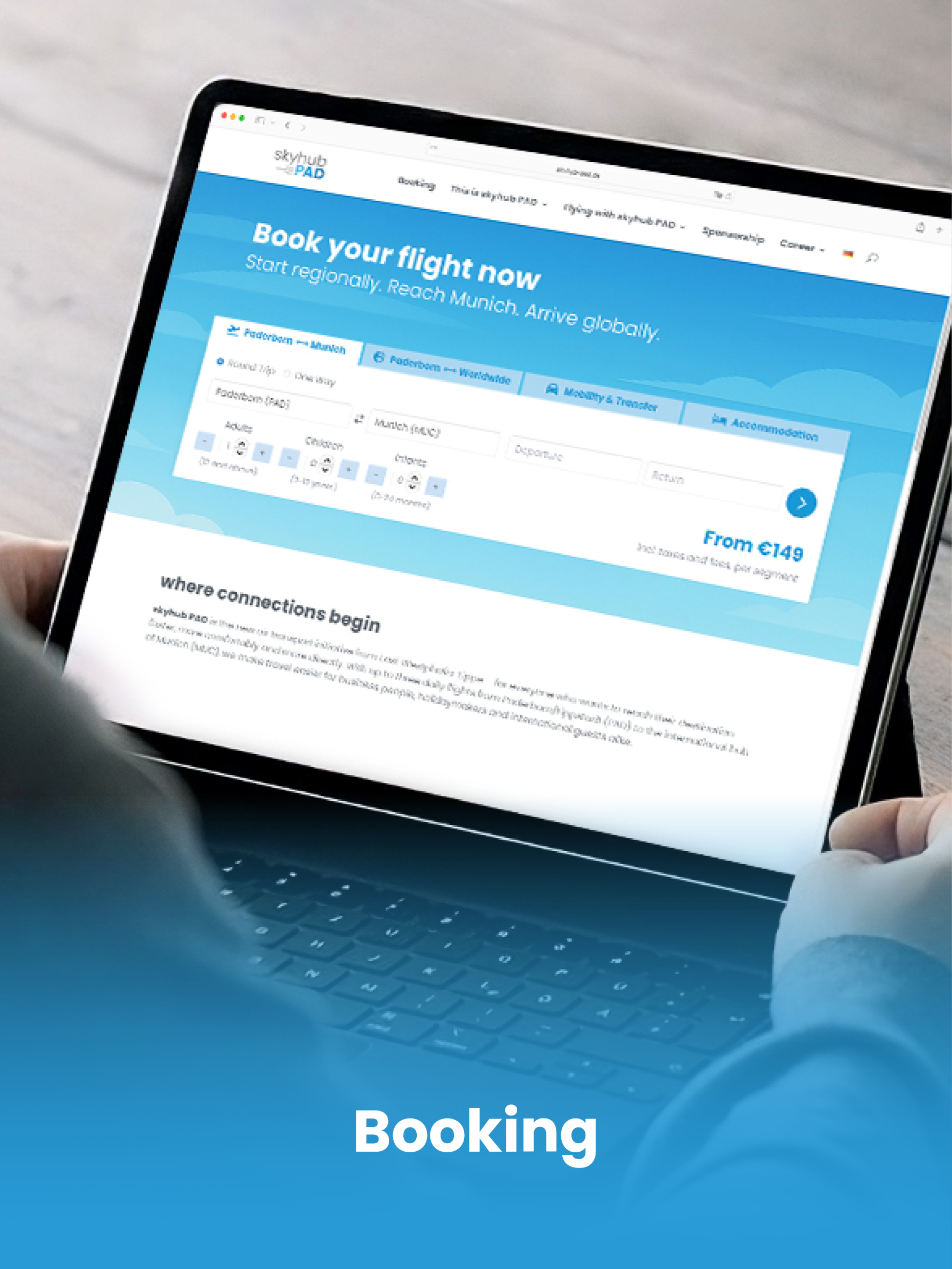 Laptopbildschirm mit der Buchungsmaske für einen Flug vom Paderborn nach München