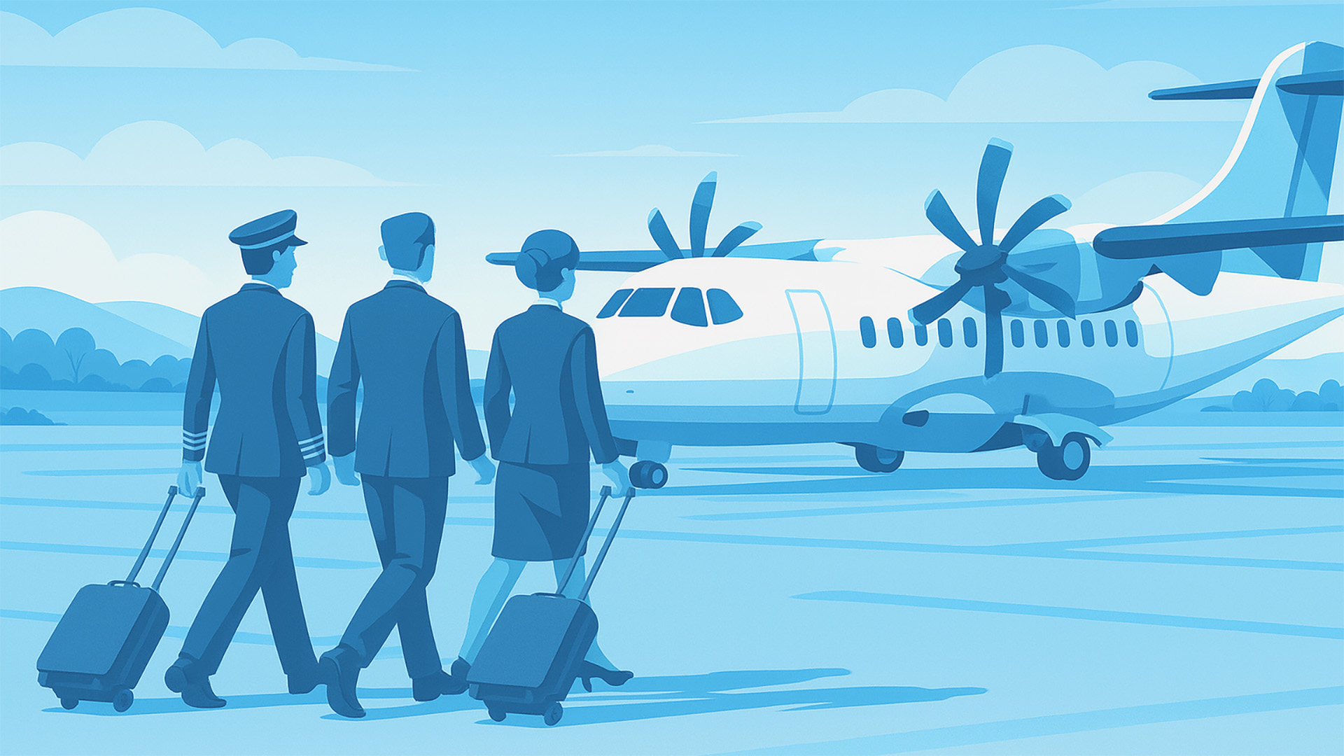 Drei Personen mit Koffern auf dem Weg zum Flugzeug