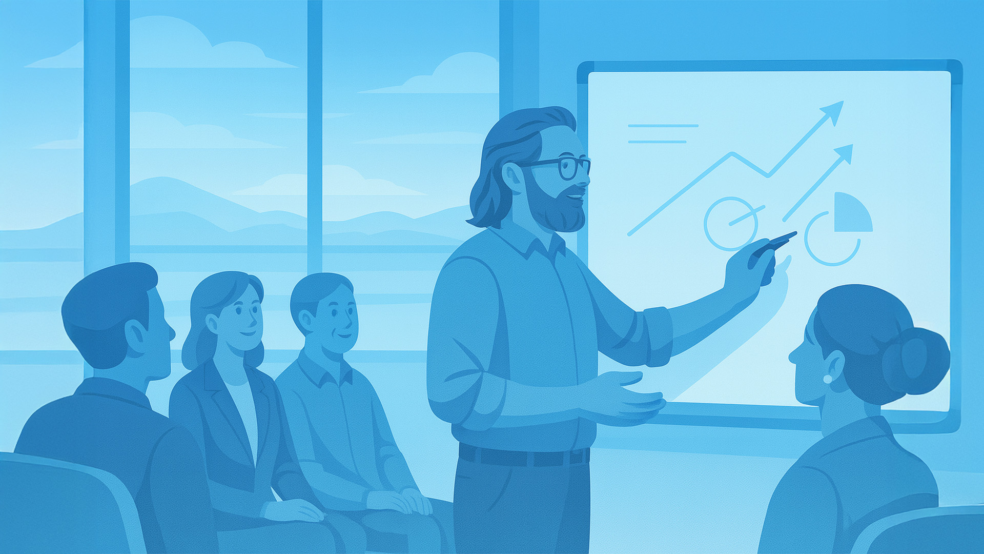 Ein Mann zeigt mehreren Personen analytische Zahlen und den Wachstum